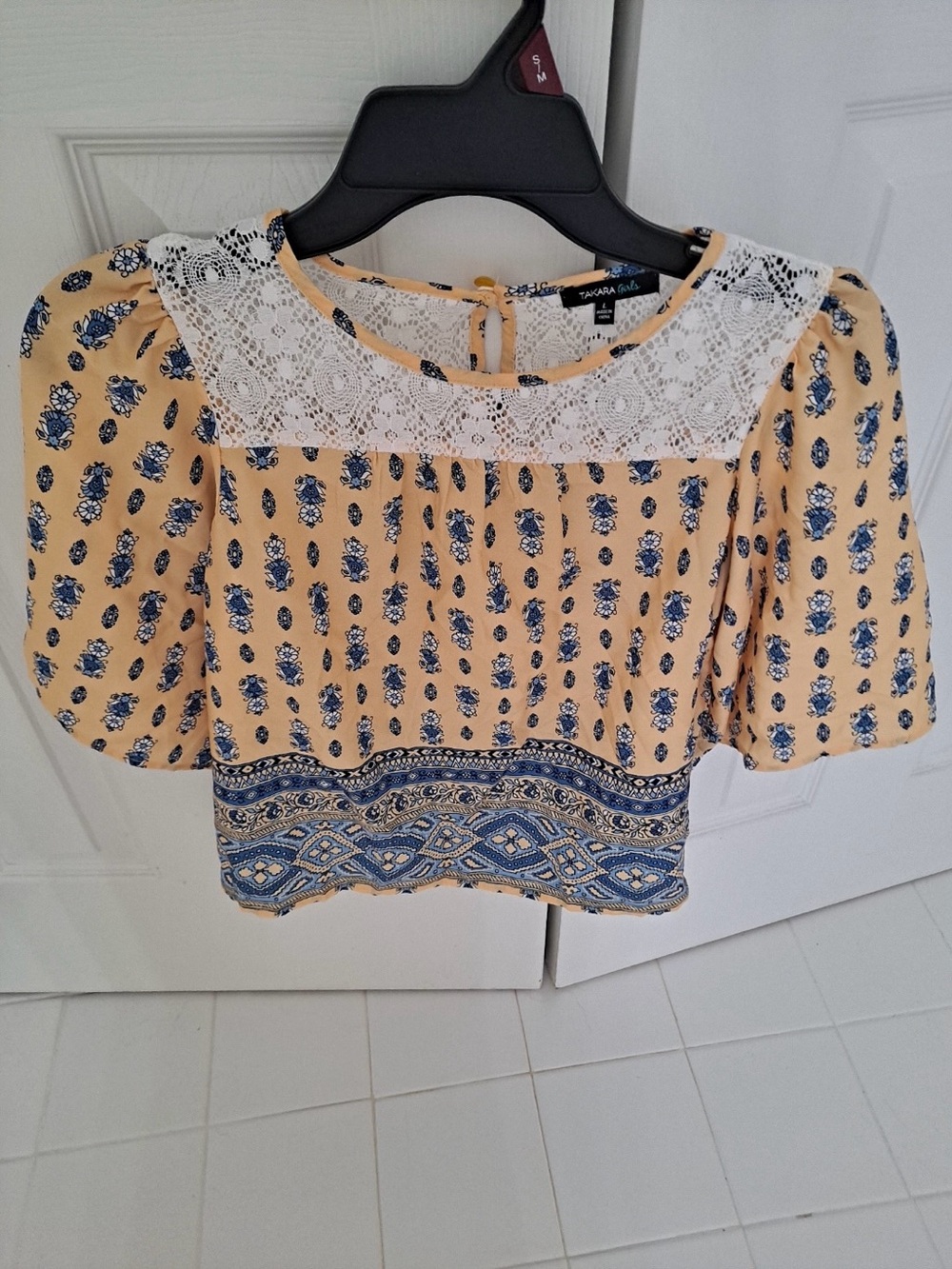 Takara Yellow Floral Peasant Blouse with Lace Yoke